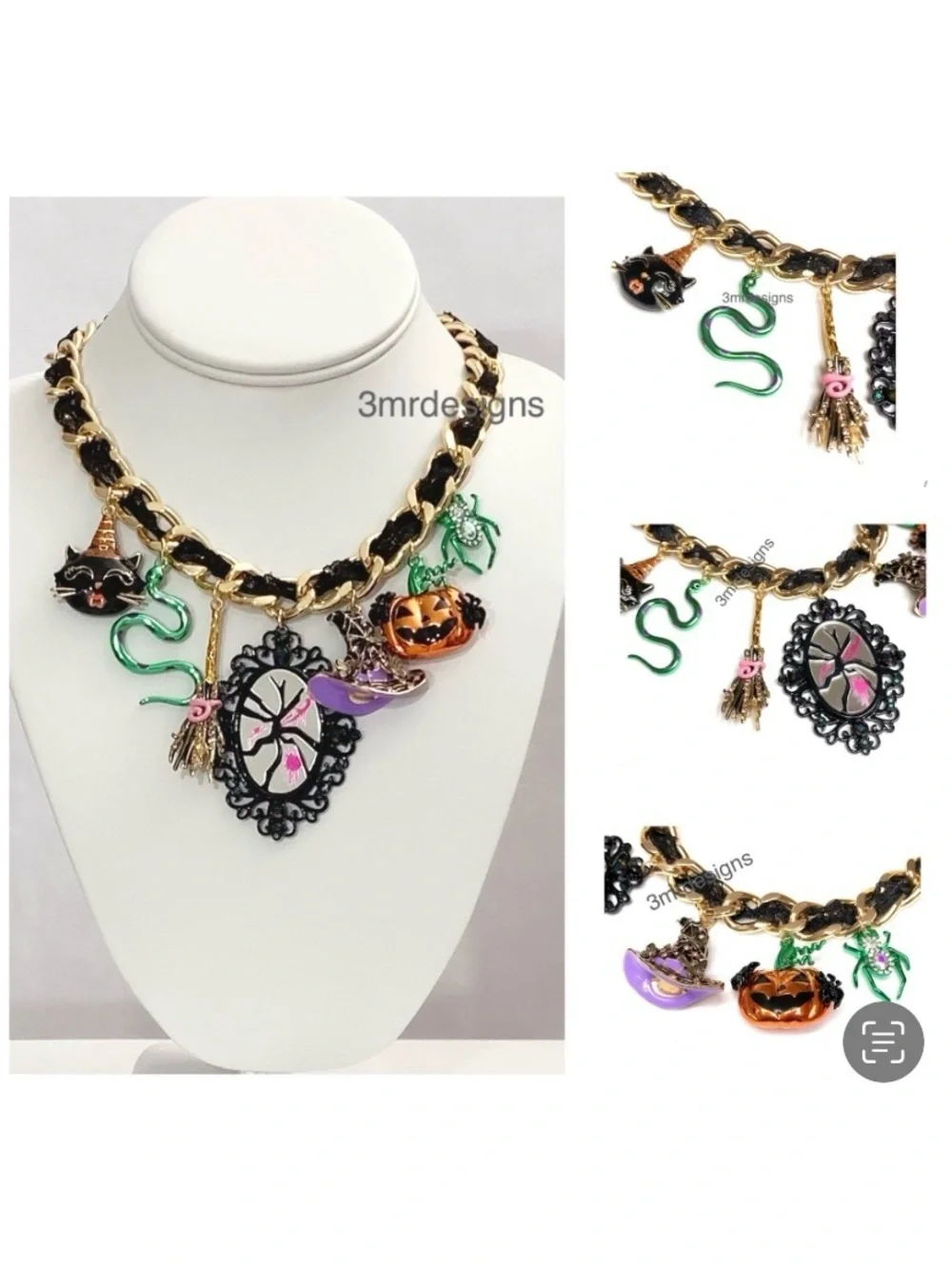 NWT Betsey J. 💋WITCHY LACE FRONTAL CHARMS Gold Tone Glass Crystals Necklace